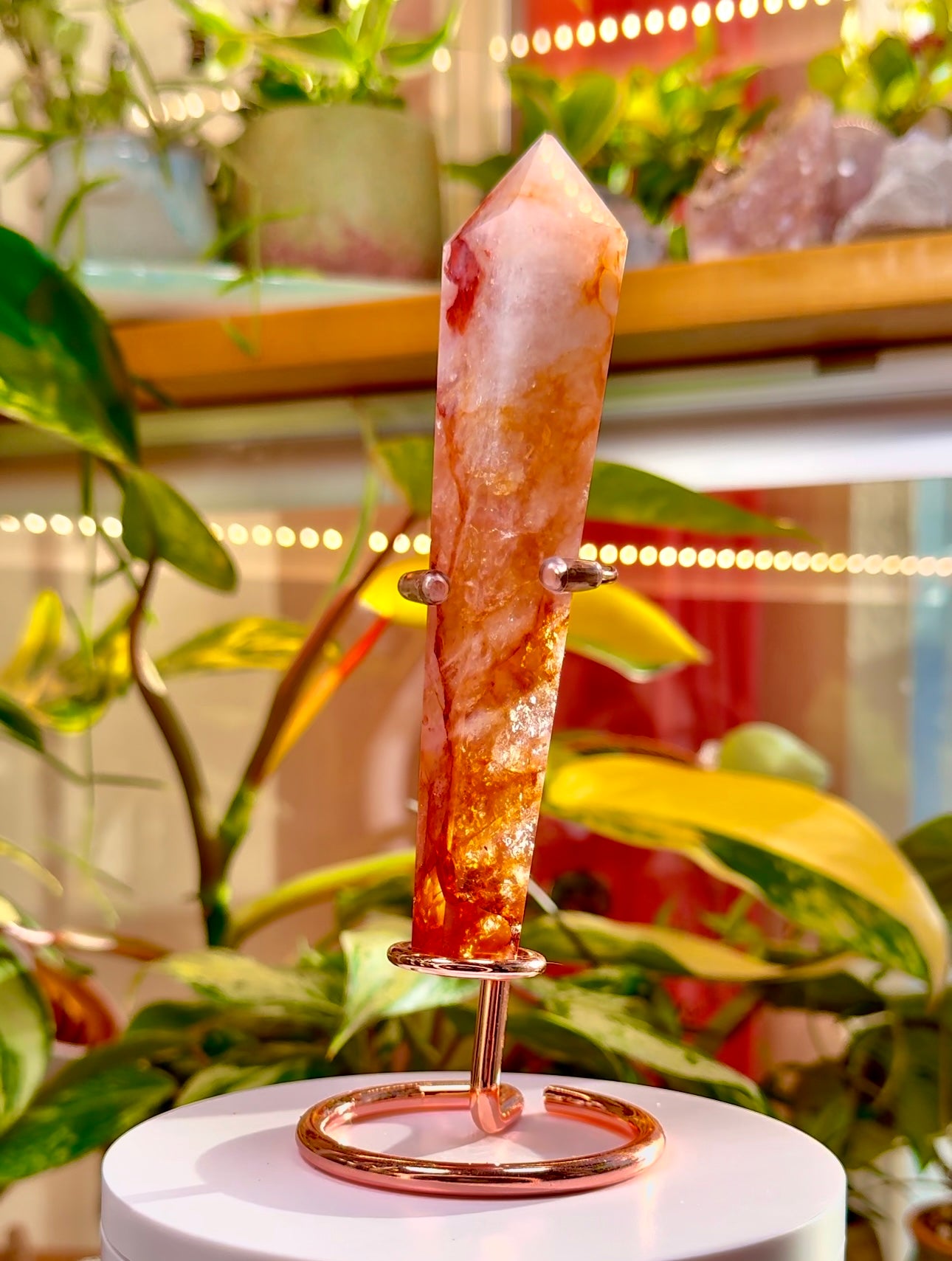 Fire Quartz Scepter on a Rose Gold Stand