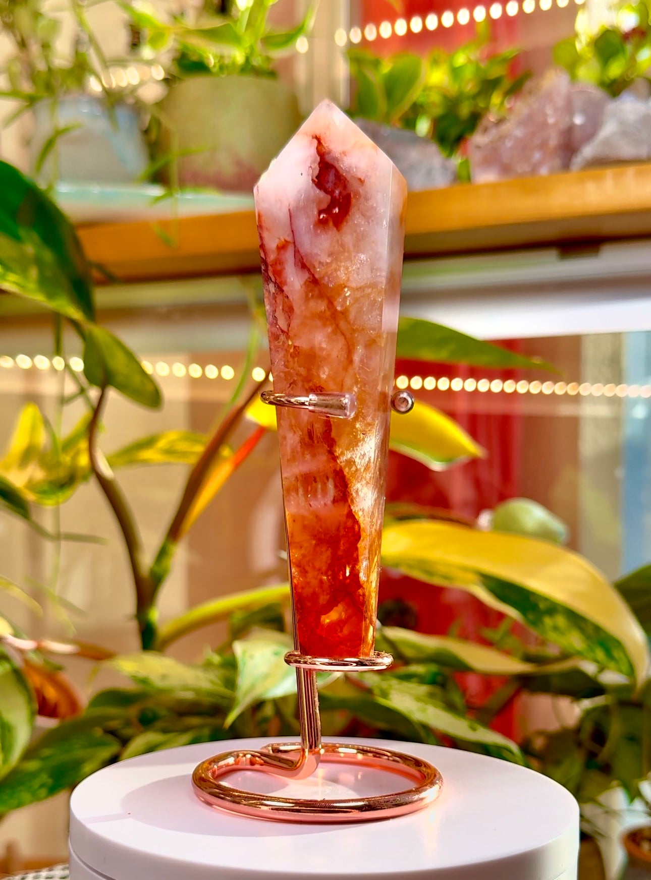 Fire Quartz Scepter on a Rose Gold Stand