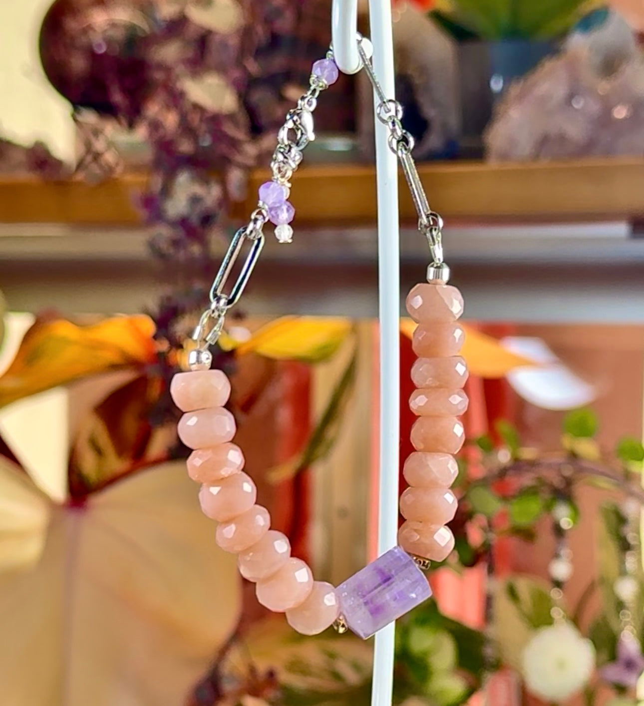 Handmade Peach Moonstone & Amethyst Bracelet