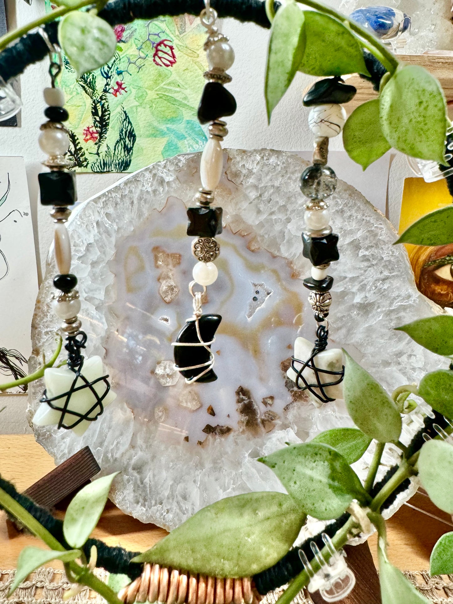 Black Obsidian & White Jade Stars & Moon 4.5” Plant Trellis