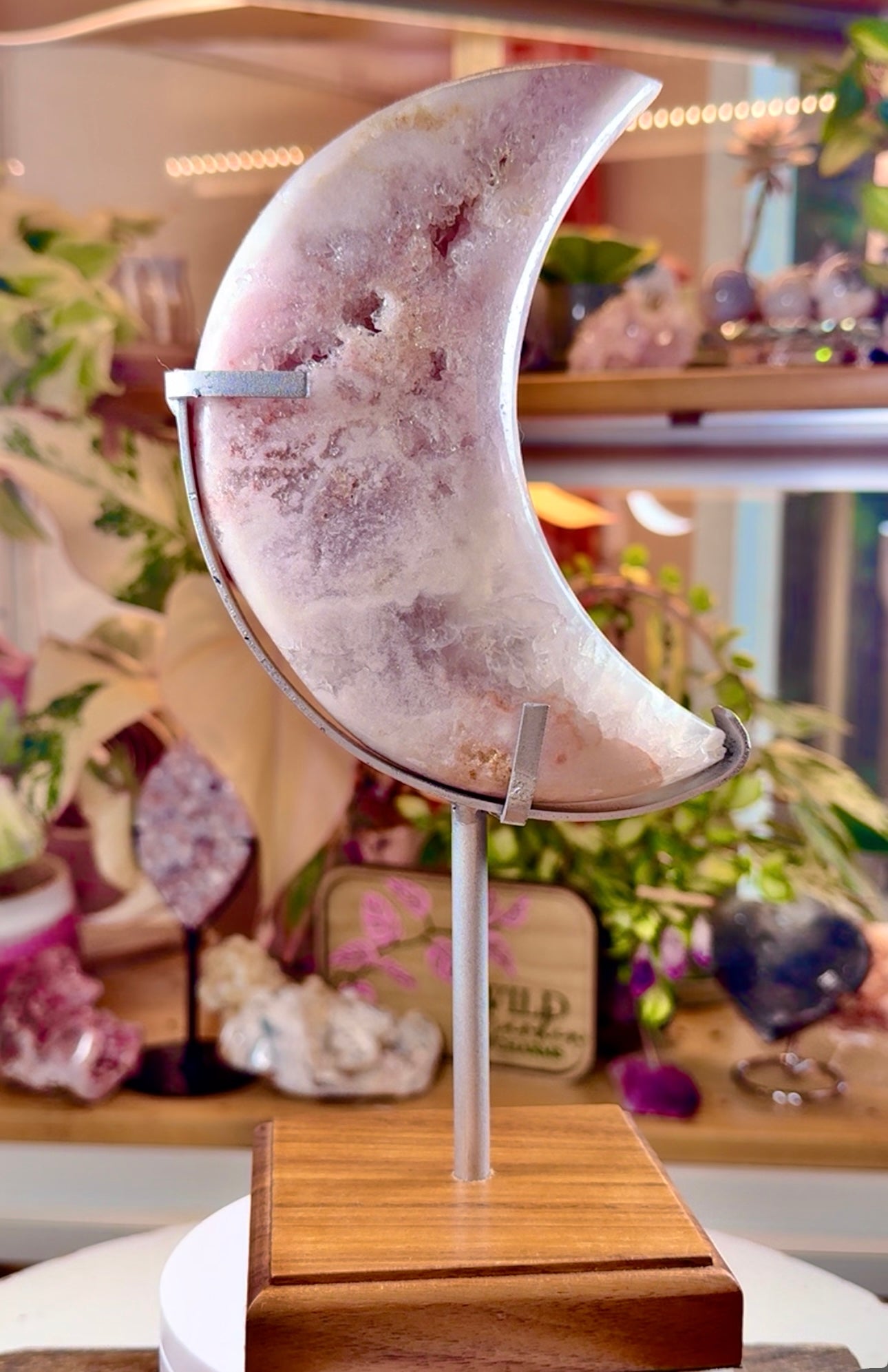 Pink Amethyst Moon • Druzy Quartz • Hand Carved • Custom Wooden Stand
