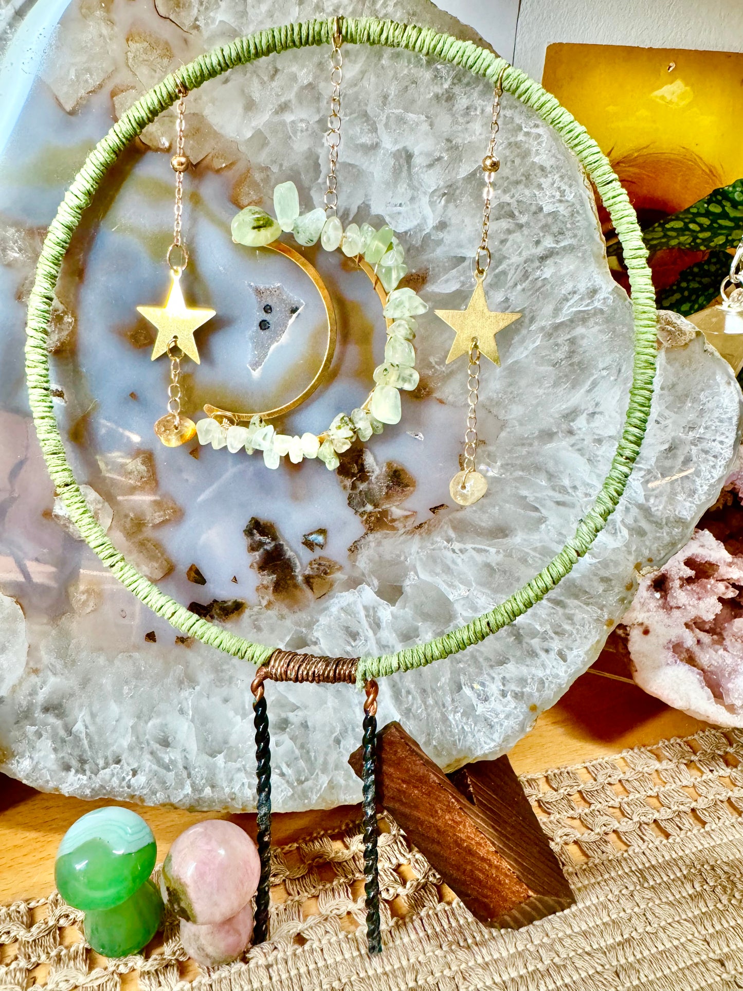 Prehnite & Citrine Crescent Moon & Stars 6” Plant Trellis