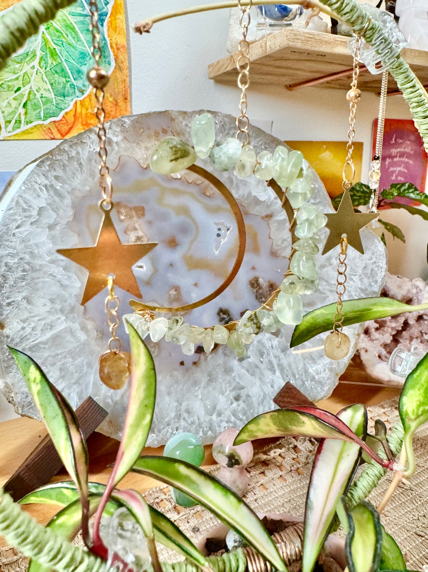 Prehnite & Citrine Crescent Moon & Stars 6” Plant Trellis