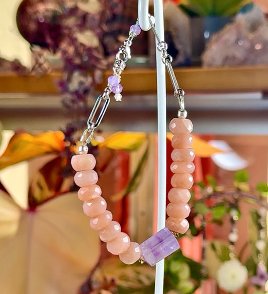 Handmade Peach Moonstone & Amethyst Bracelet