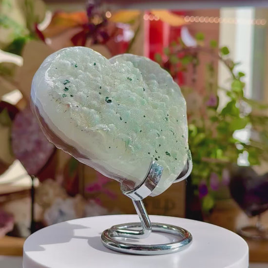 Druzy Agate Heart • Chalcedony • Silver Stand • Brazil