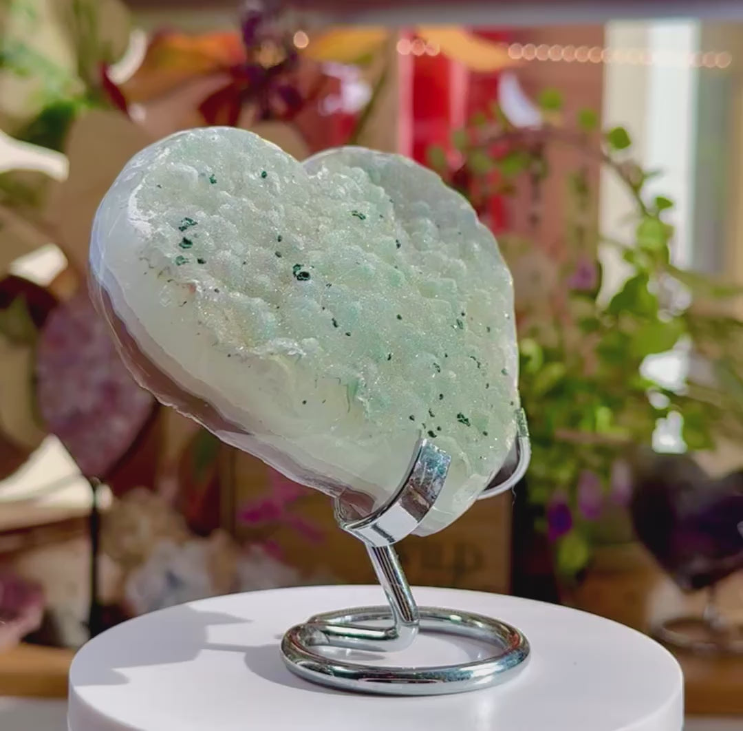 Druzy Agate Heart • Chalcedony • Silver Stand • Brazil